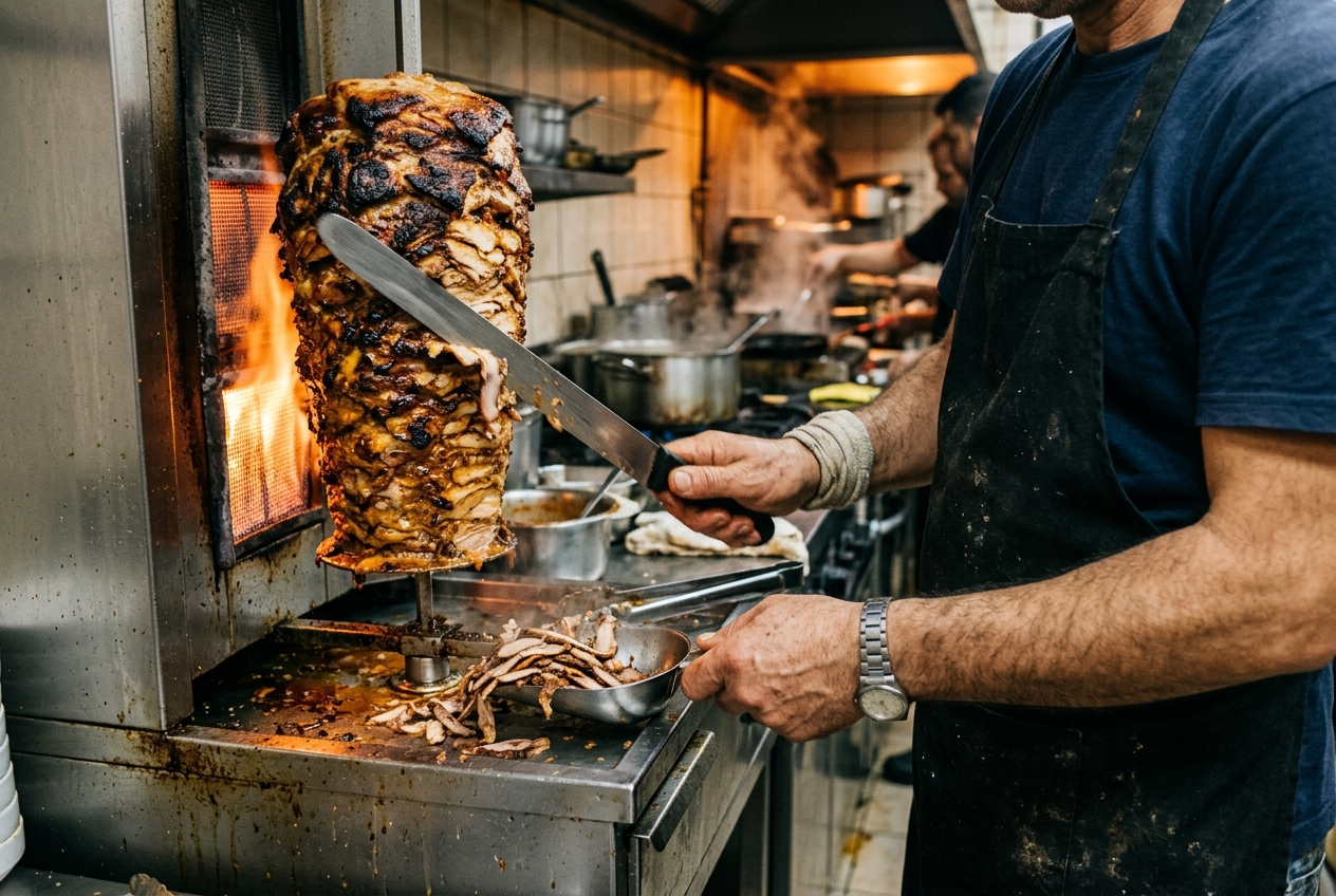 Vertical spit shawarma carving over live flame