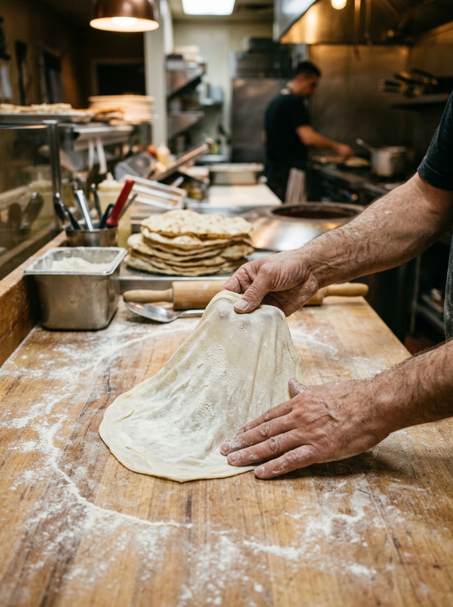 Fresh saj dough stretched by hand over hot domed grill